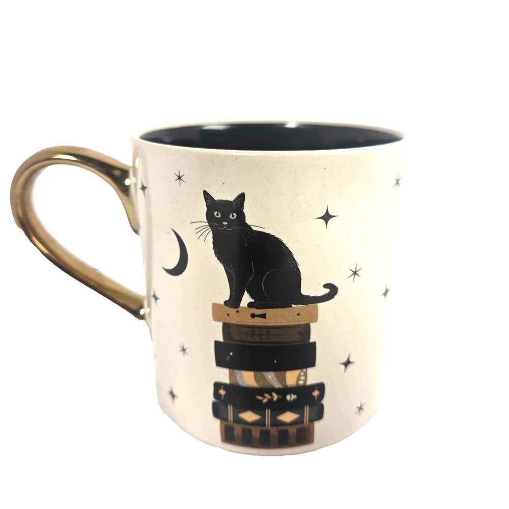 Sunday Morning Ceramics Black Cat Books Mug Gold Handle Celestial Halloween 6 In
